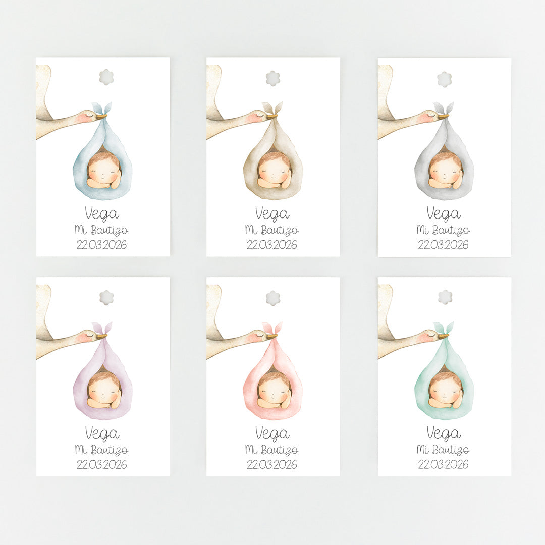 Colores disponibles para el pack de 15 etiquetas o pegatinas personalizadas de bautizo colección Cigüeña