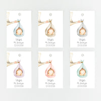 Colores disponibles para el pack de 15 etiquetas o pegatinas personalizadas de bautizo colección Cigüeña