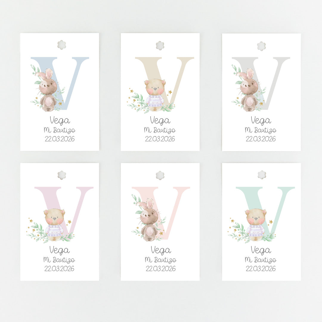 Opciones de diseño y color del pack de 15 etiquetas o pegatinas personalizadas de bautizo colección Inicial Bebé 