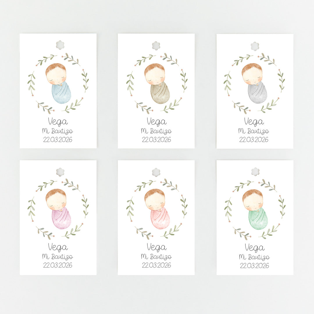 Colores disponibles para el pack de 15 etiquetas o pegatinas personalizadas de bautizo colección Rosquito Bebé
