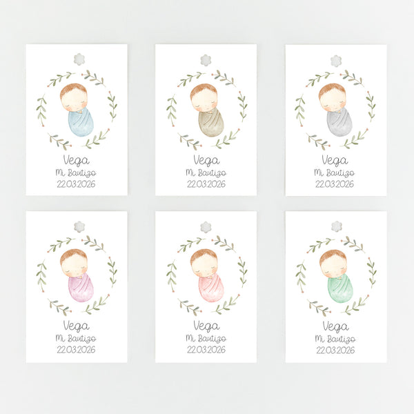 Colores disponibles para el pack de 15 etiquetas o pegatinas personalizadas de bautizo colección Rosquito Bebé