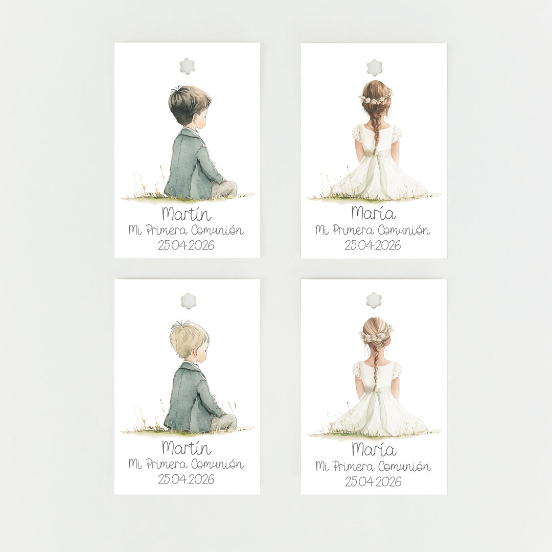 Opciones de diseño del pack de 15 etiquetas o pegatinas personalizadas de comunión colección Boho