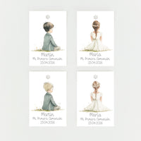 Opciones de diseño del pack de 15 etiquetas o pegatinas personalizadas de comunión colección Boho