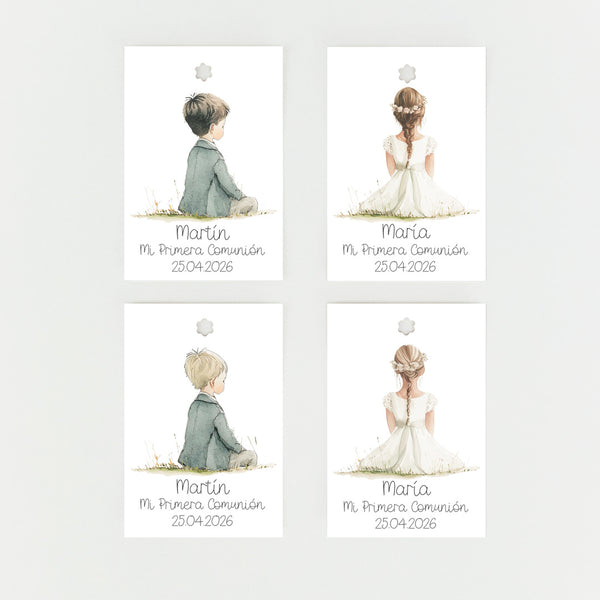 Opciones de diseño del pack de 15 etiquetas o pegatinas personalizadas de comunión colección Boho