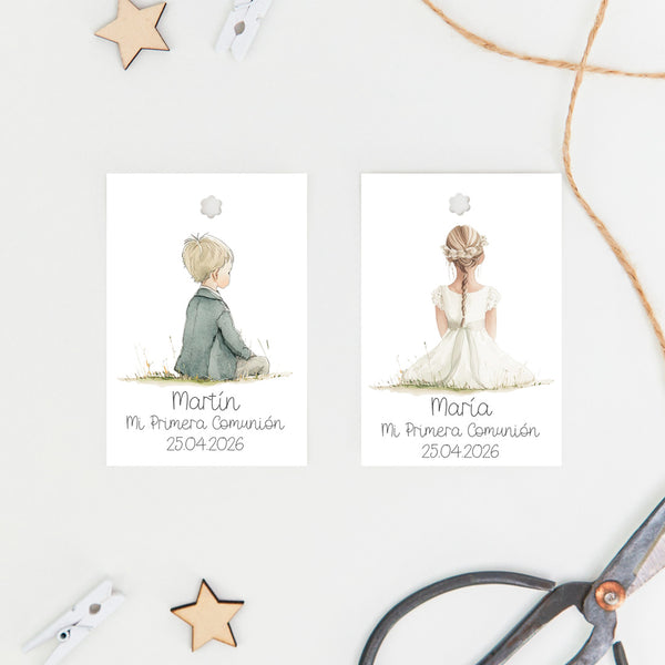 Pack de 15 etiquetas o pegatinas personalizadas de comunión colección Boho, diseño con niños y niñas en tonos naturales