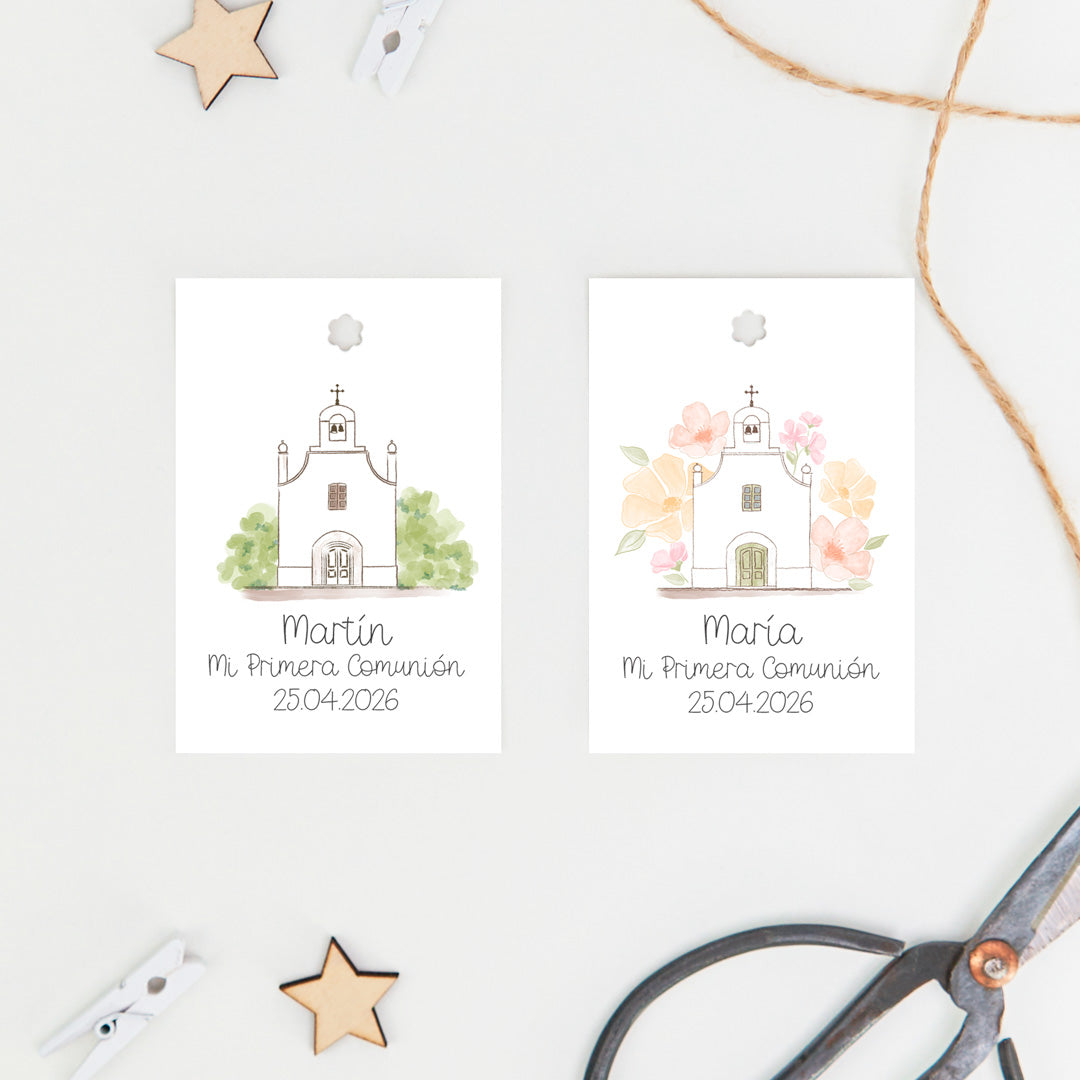 Pack de 15 etiquetas o pegatinas personalizadas de comunión colección Iglesia, diseño con iglesia rodeada de flores o ramas