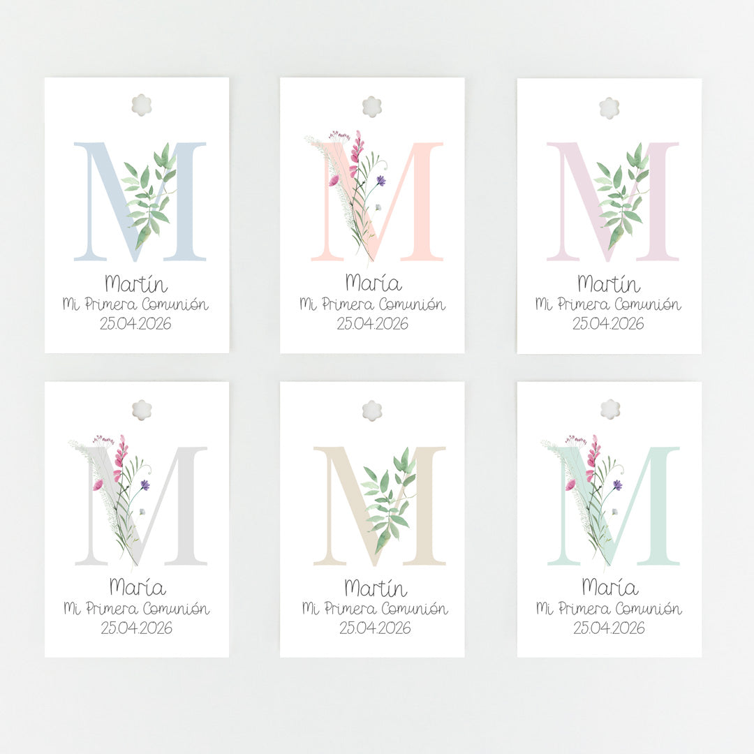Opciones de diseño y color del pack de 15 etiquetas o pegatinas personalizadas de comunión colección Inicial