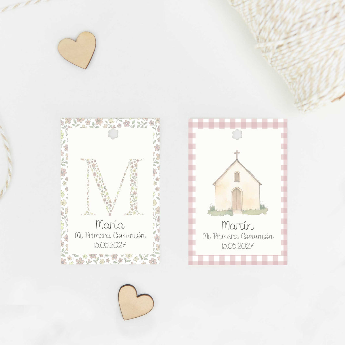 Etiquetas personalizadas para Comunión con diseño de Cuadros Vichy y Flores LIberty Rosa. 