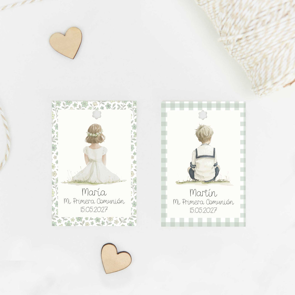 Etiquetas personalizadas para Comunión con diseño de Cuadros Vichy y Flores Liberty Verde. 