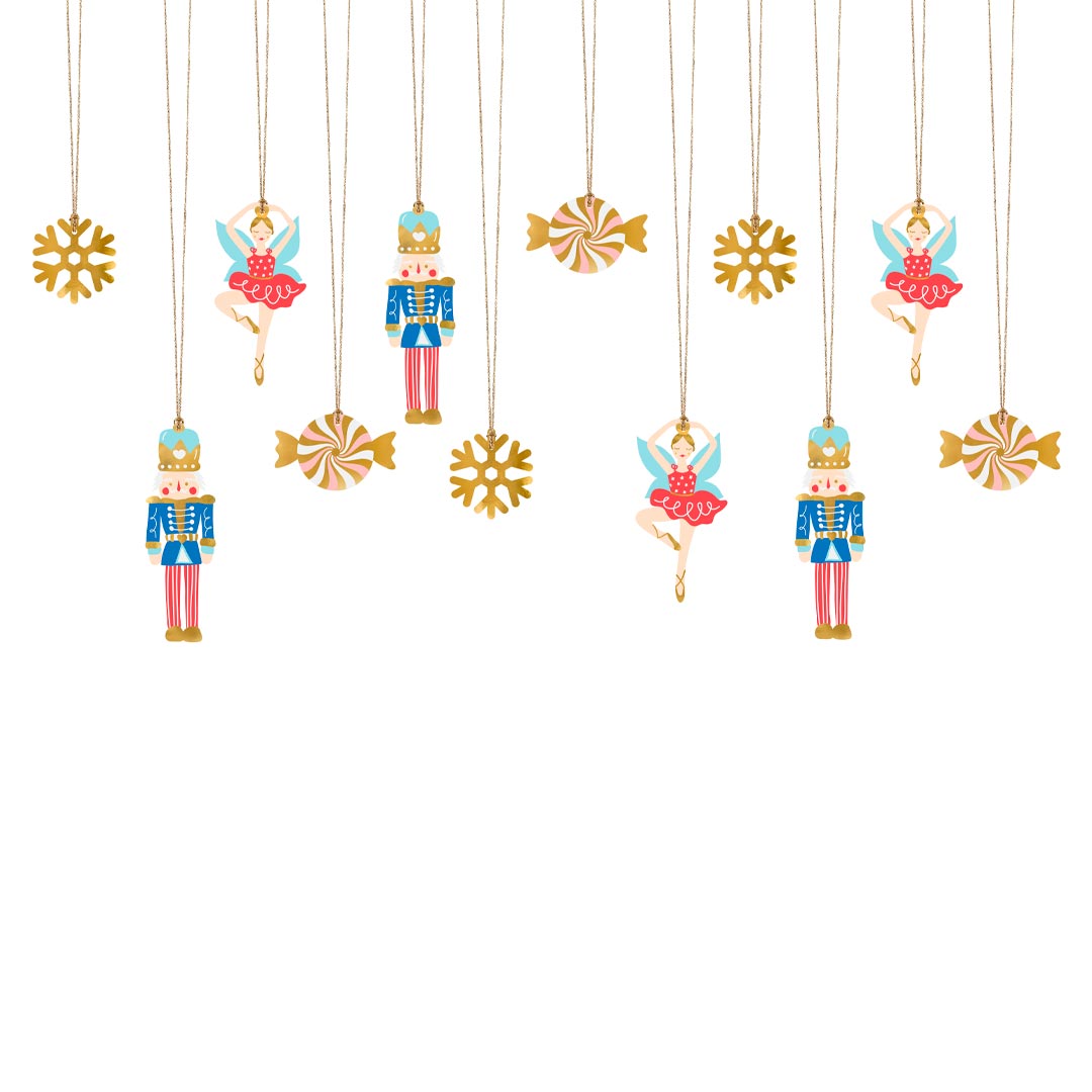 Detalle del set de 12 etiquetas de regalo navideñas: Cascanueces, bailarina, copo de nieve y caramelo