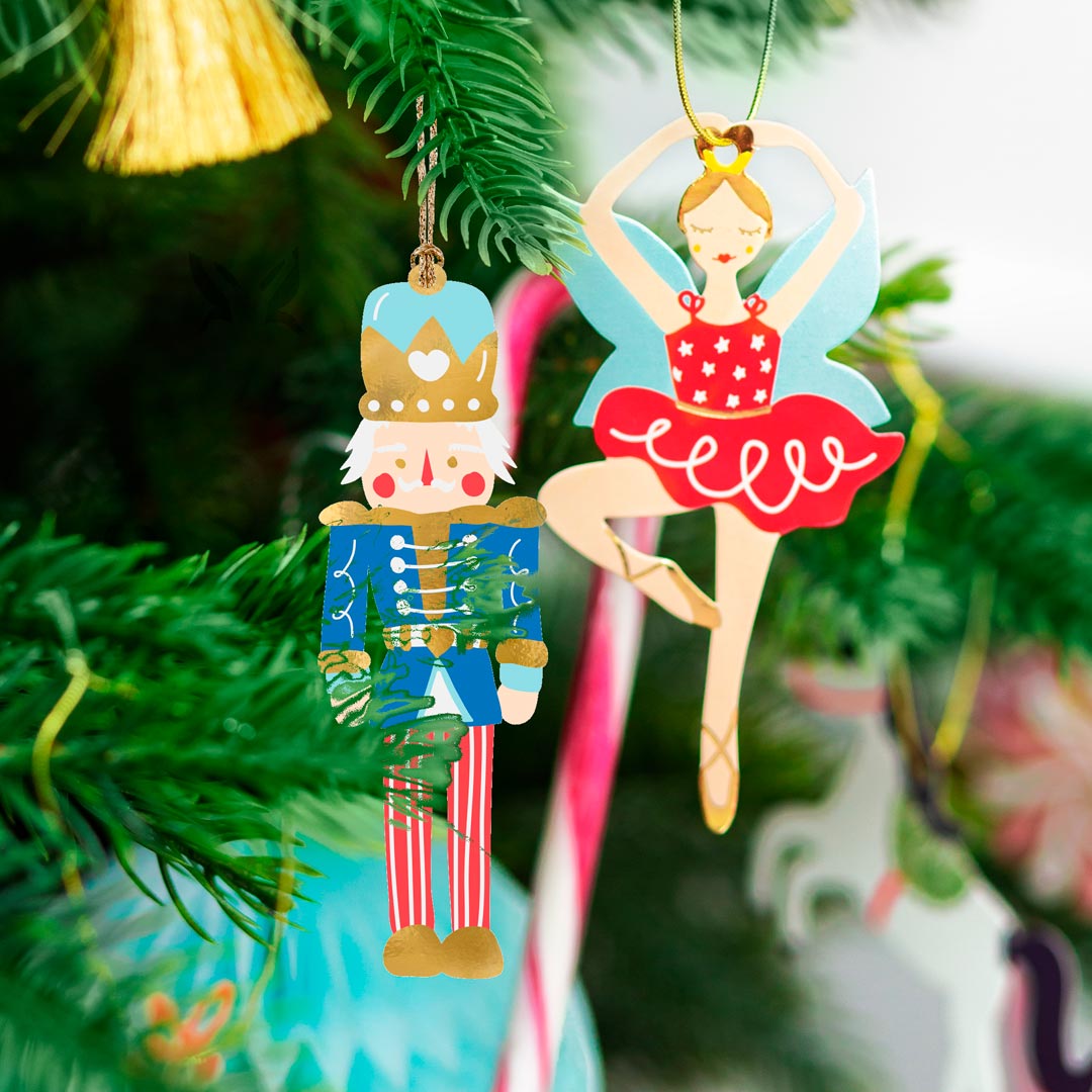 Set de 12 etiquetas de regalo navideñas: Cascanueces, bailarina, copo de nieve y caramelo