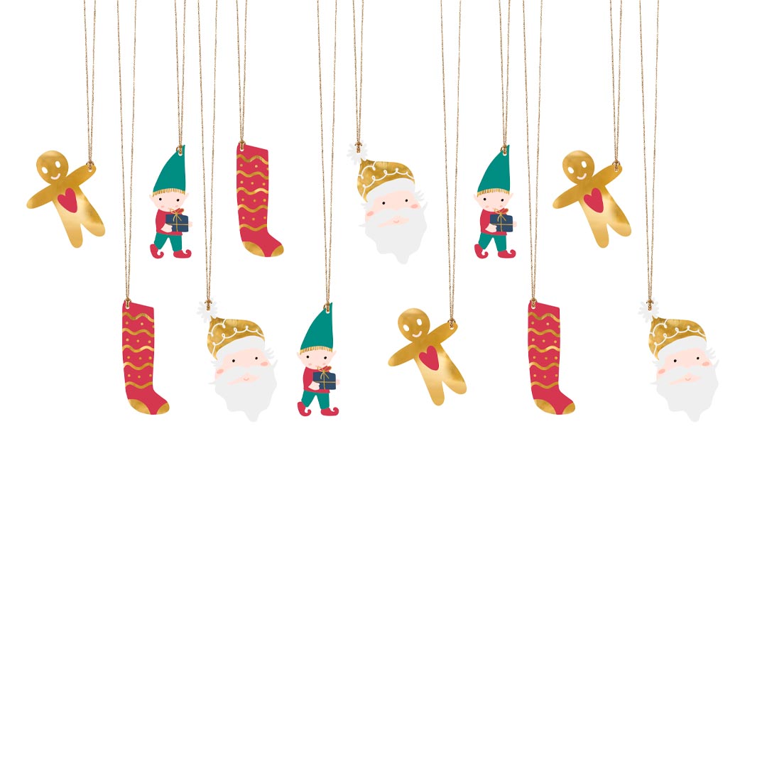 Detalle del Set de 12 etiquetas de regalo navideñas: hombre de jengibre, elfo, calcetín y Papá Noel