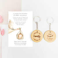 Llavero family con tarjeta de agradecimiento para invitados de bautizo de la colección Cigüeña. 