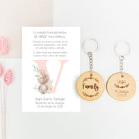 Llavero family con tarjeta de agradecimiento para invitados de bautizo de la colección Inicial. 