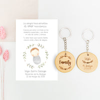 Llavero family con tarjeta de agradecimiento para invitados de bautizo de la colección Rosquito Bebé. 