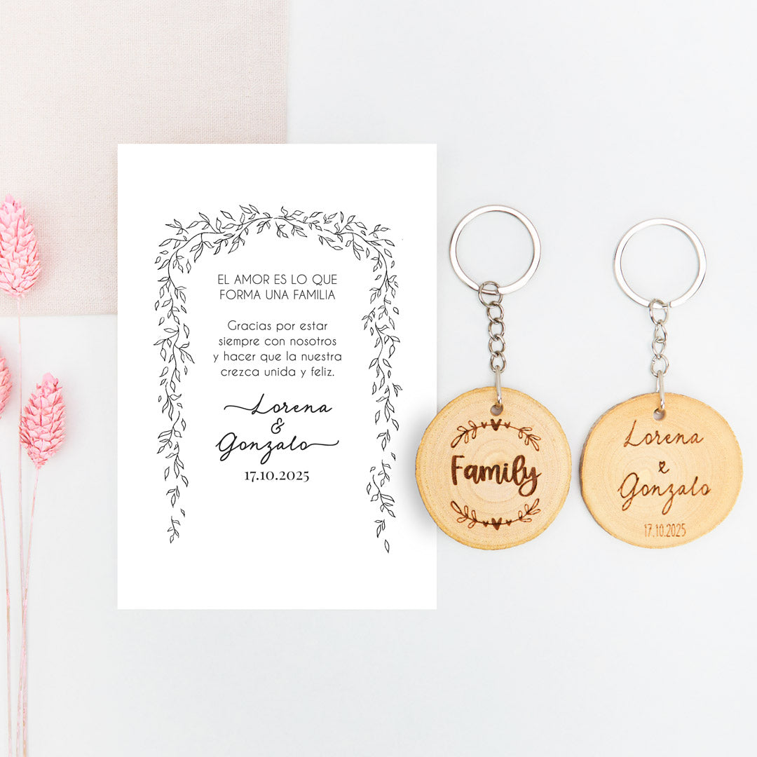 llavero con tarjeta family para invitados de boda de la colección Bosque Secreto