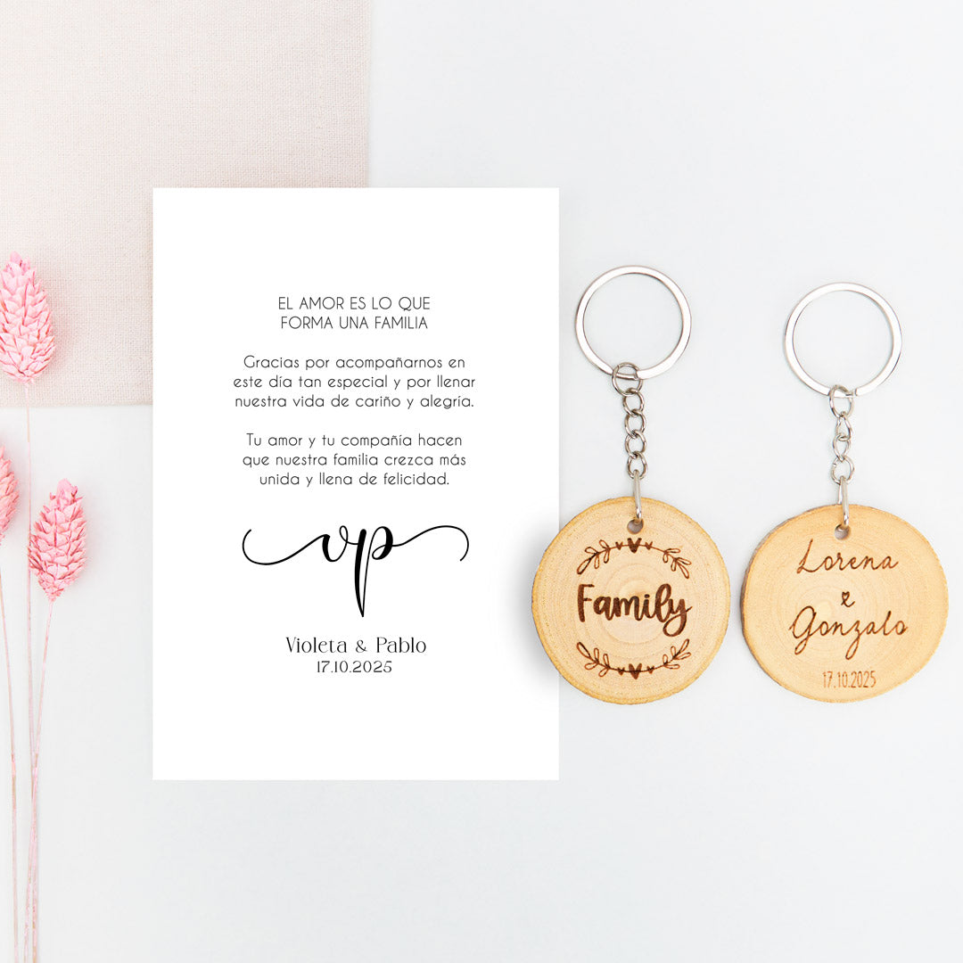 llavero con tarjeta family para invitados de boda de la colección Eterna