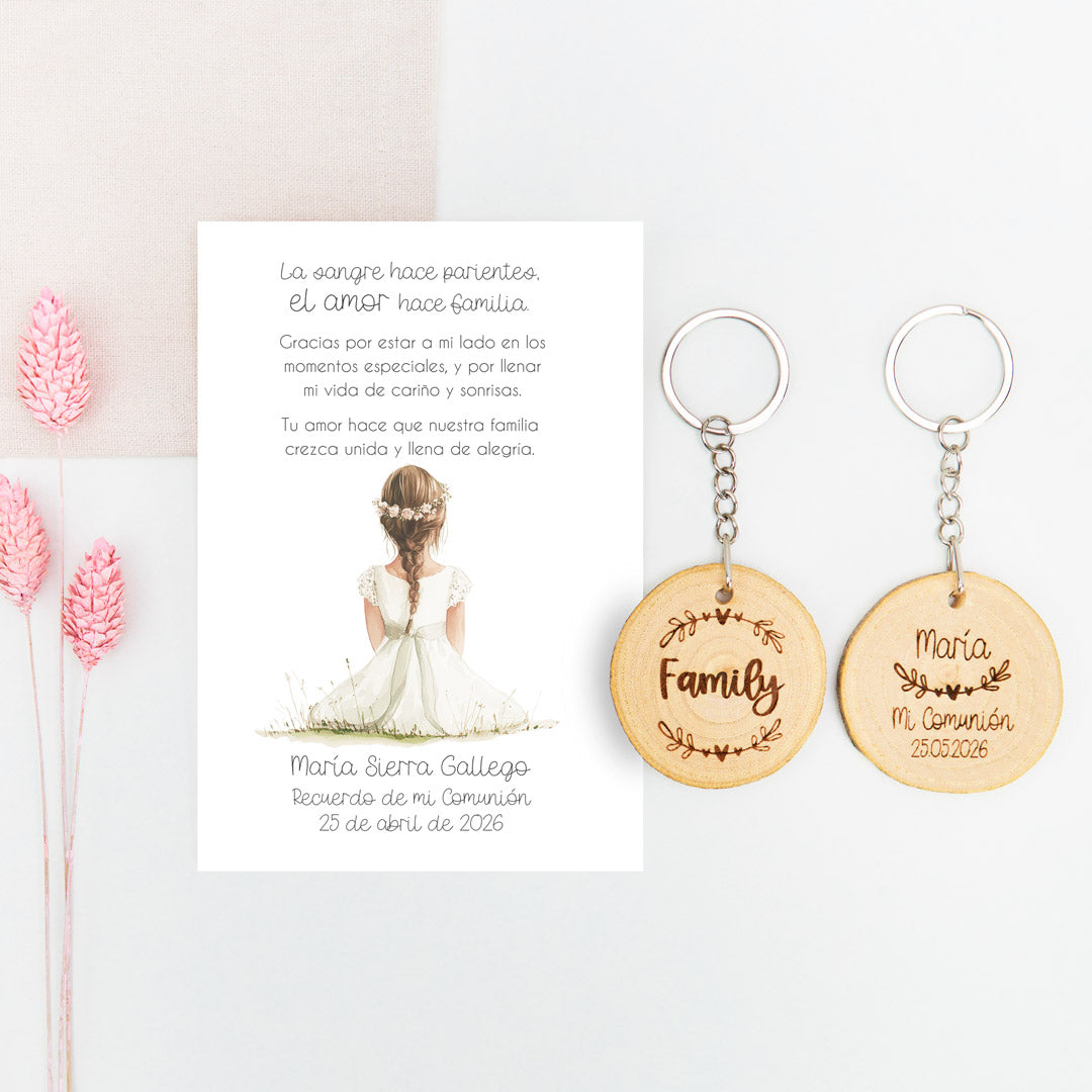 Llavero grabado con tarjeta Family de la Colección Boho para Comunión.