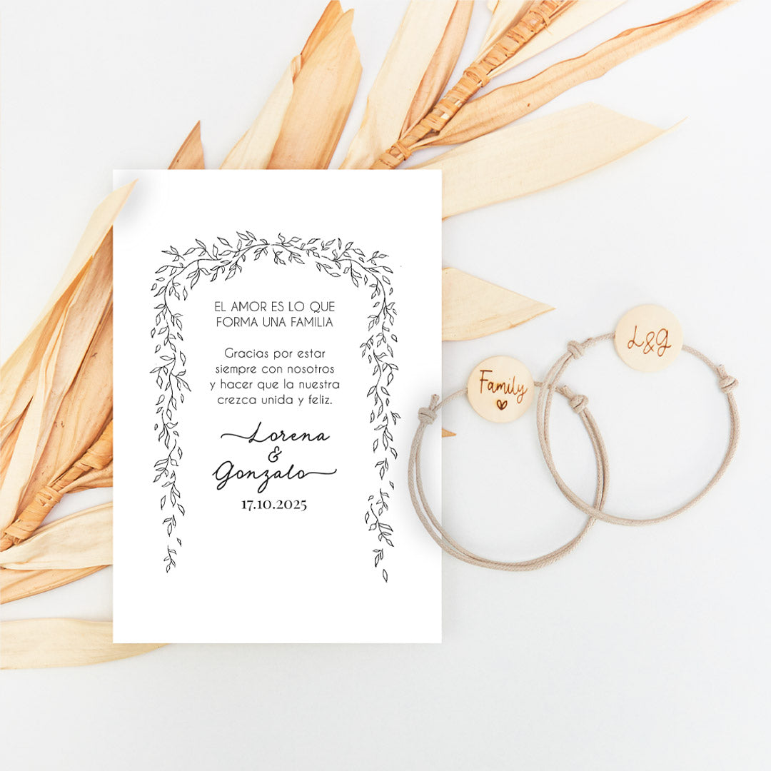 pulsera con tarjeta family para invitados de boda de la colección Bosque Secreto