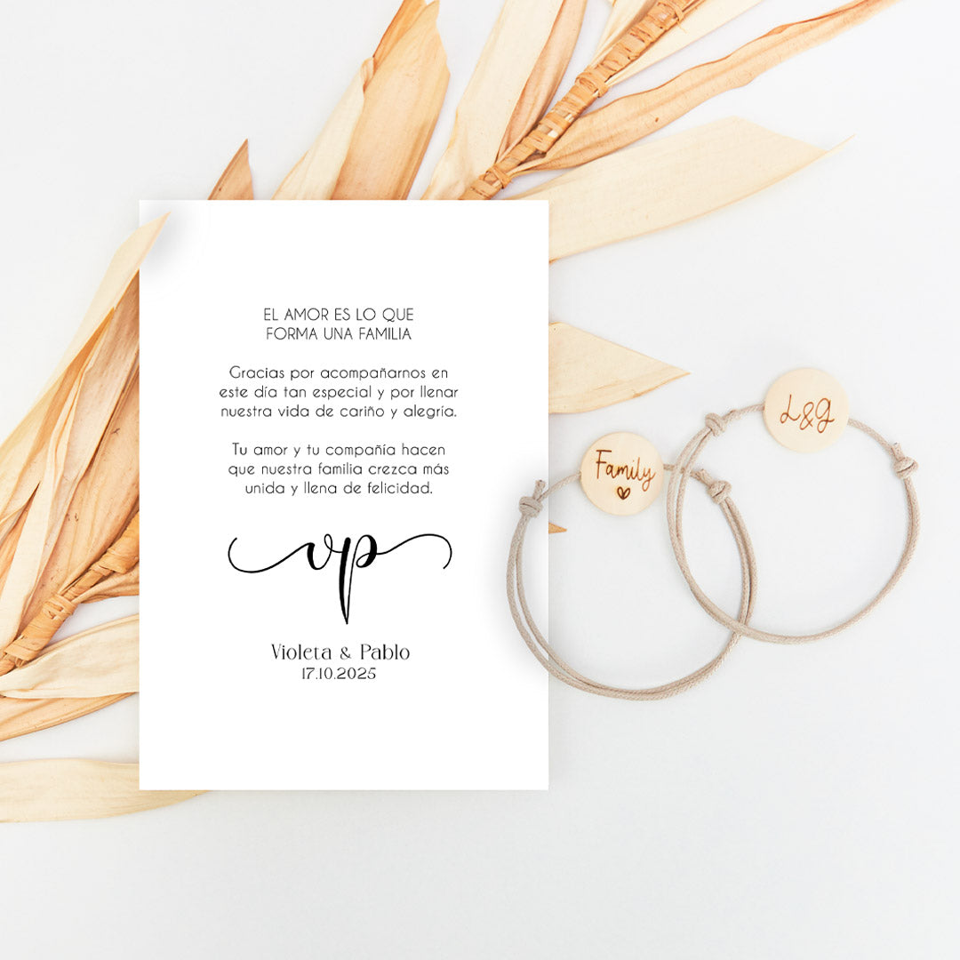 pulsera con tarjeta family para invitados de boda de la colección Eterna