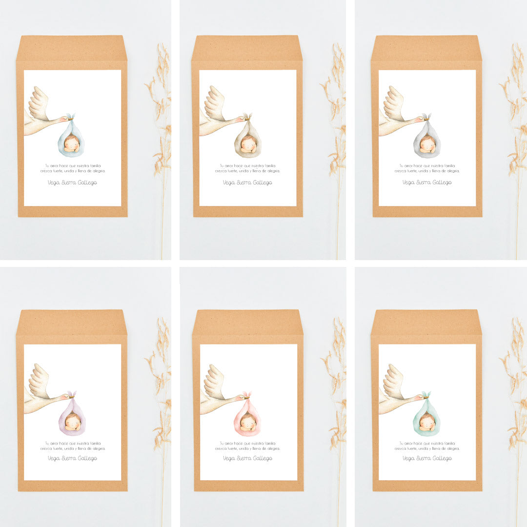 Opciones de color para el sobre del llavero y la pulsera family para invitados de bautizo de la colección cigüeña. 