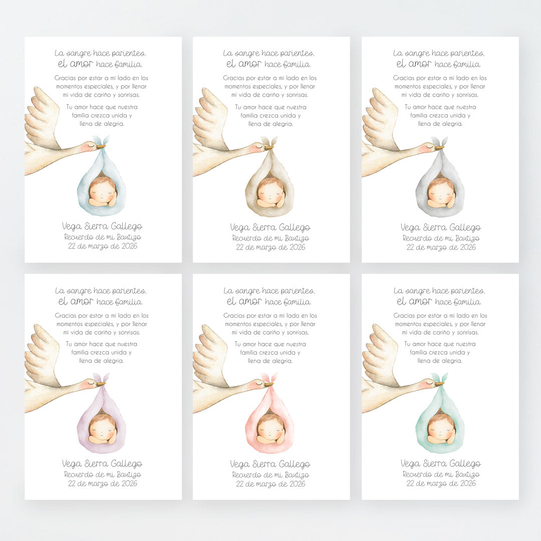 Tarjeta para invitados de bautizo que acompaña a la pulsera y llavero family. Diseño de la colección Cigüeña.
