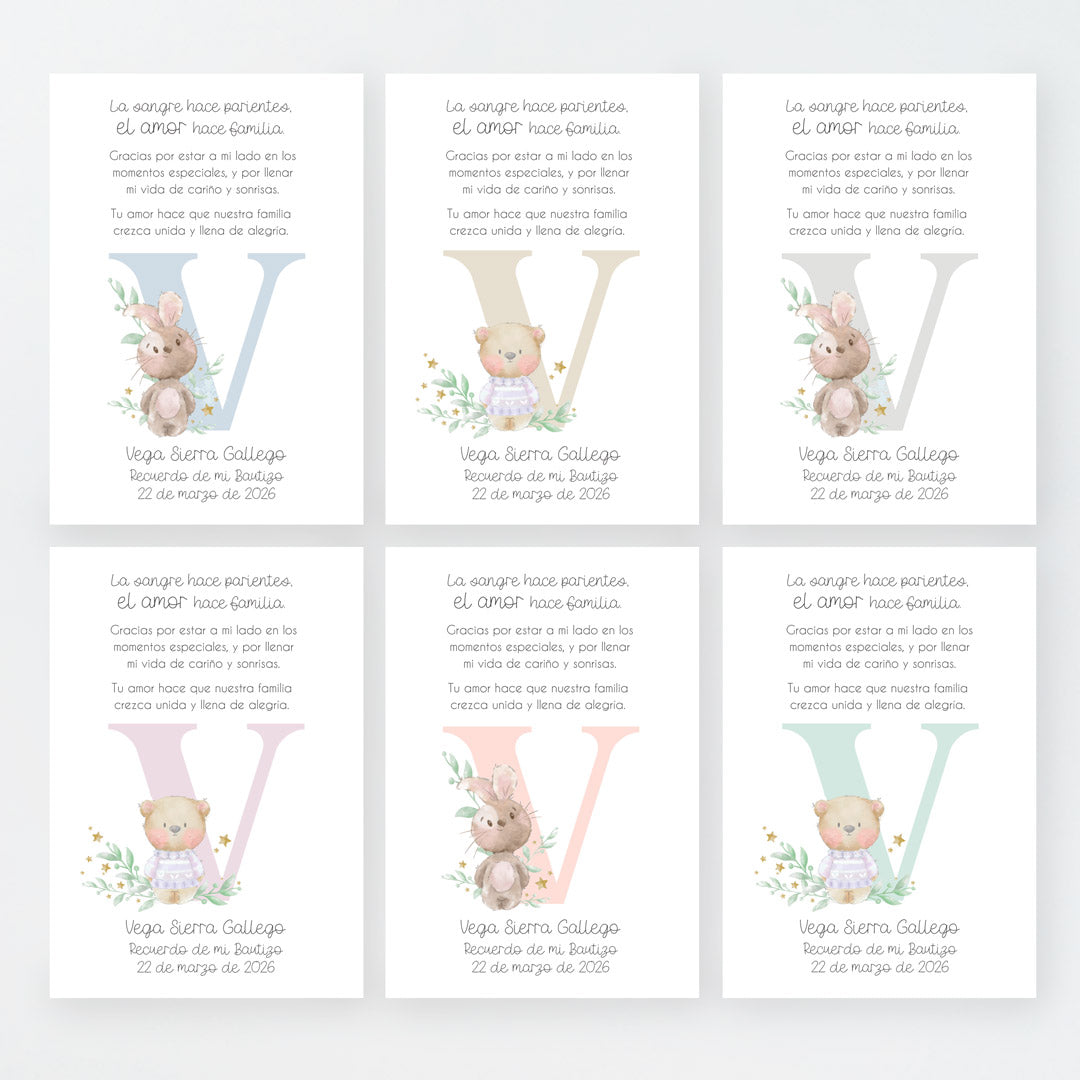 Tarjeta para invitados de bautizo que acompaña a la pulsera y llavero family. Diseño de la colección Inicial.