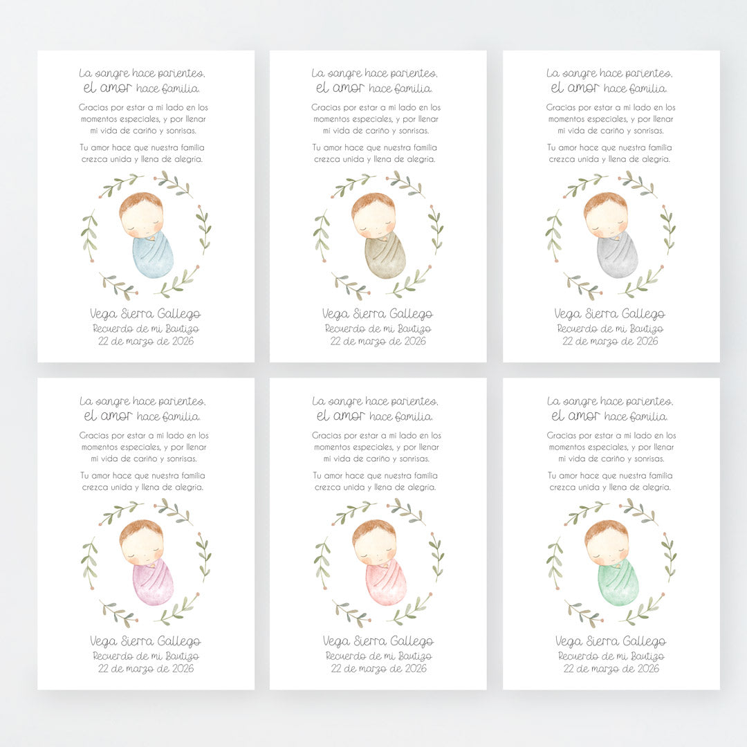 Tarjeta para invitados de bautizo que acompaña a la pulsera y llavero family. Diseño de la colección Rosquito Bebé. 