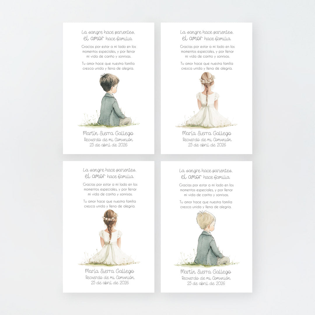 Tarjeta Family de la Colección Boho para Comunión que acompaña a la pulsera y el llavero. 