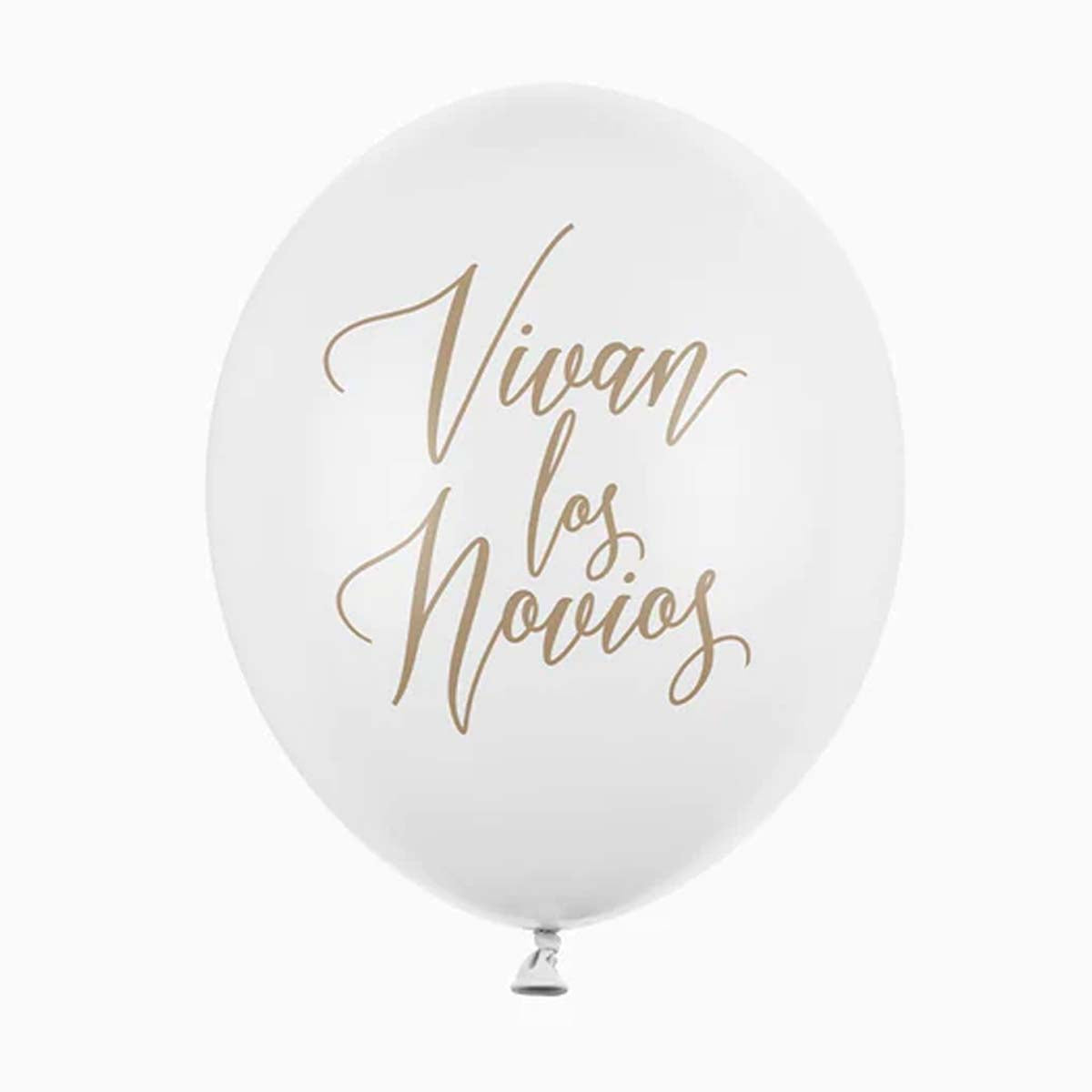 Globo blanco de 30 cm con inscripción dorada Vivan los novios. Decoración festiva y romántica para bodas.