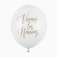 Globo blanco de 30 cm con inscripción dorada Vivan los novios. Decoración festiva y romántica para bodas.