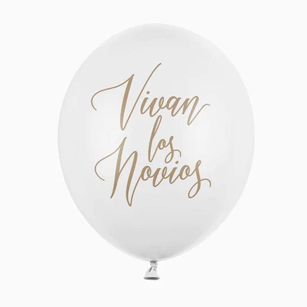 Globo blanco de 30 cm con inscripción dorada Vivan los novios. Decoración festiva y romántica para bodas.
