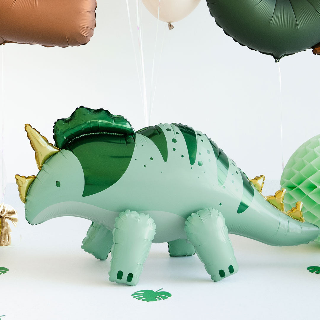 Globo foil XL triceratops de pie en verde menta con cuernos y púas doradas 93x49 cm