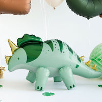 Globo foil XL triceratops de pie en verde menta con cuernos y púas doradas 93x49 cm