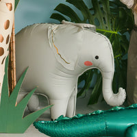 Globo foil XL elefante de pie en gris empolvado con detalles coral y dorado para fiesta safari 91x61 cm