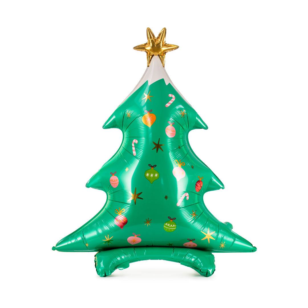 Detalle del globo foil Árbol de Navidad de pie, mate con estrella dorada y adornos, 94 cm