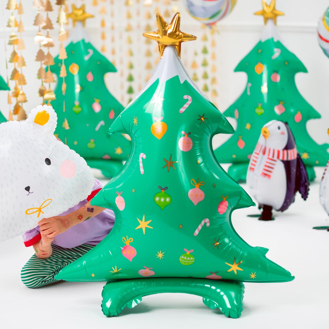Globo foil Árbol de Navidad de pie, mate con estrella dorada y adornos, 94 cm