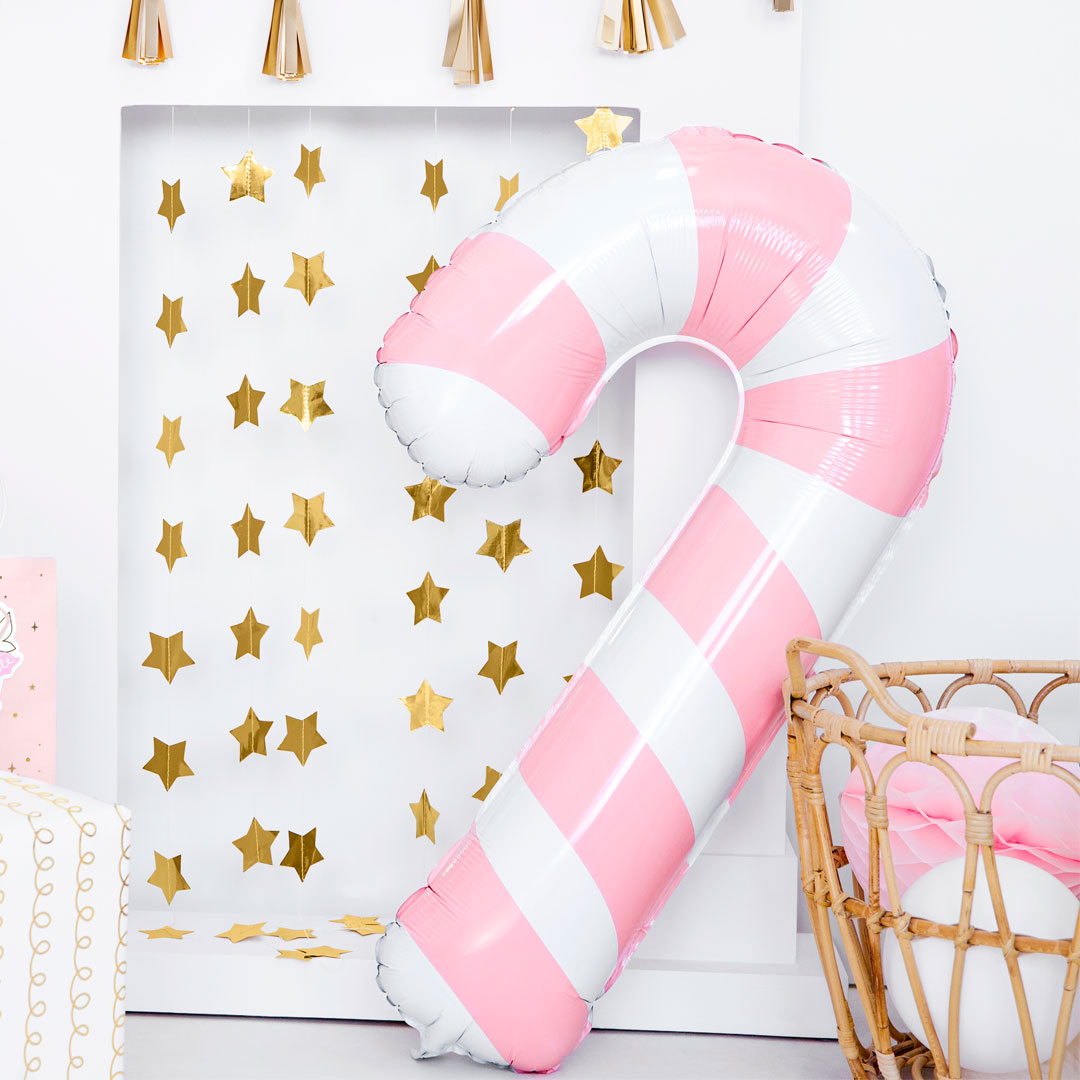 Globo foil Bastón de Caramelo brillante, blanco con rayas rosas, 82 cm