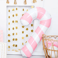 Globo foil Bastón de Caramelo brillante, blanco con rayas rosas, 82 cm