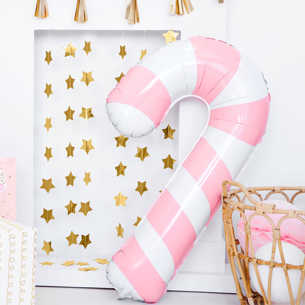 Globo foil Bastón de Caramelo brillante, blanco con rayas rosas, 82 cm