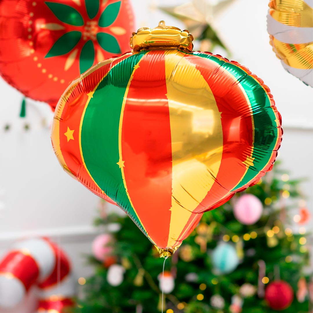 Globo foil Adorno Navideño a rayas rojas, verdes y doradas con estrellas, 51 cm