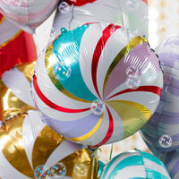 Globo foil redondo Caramelo con remolino en tonos pastel, rojo y dorado, 35 cm