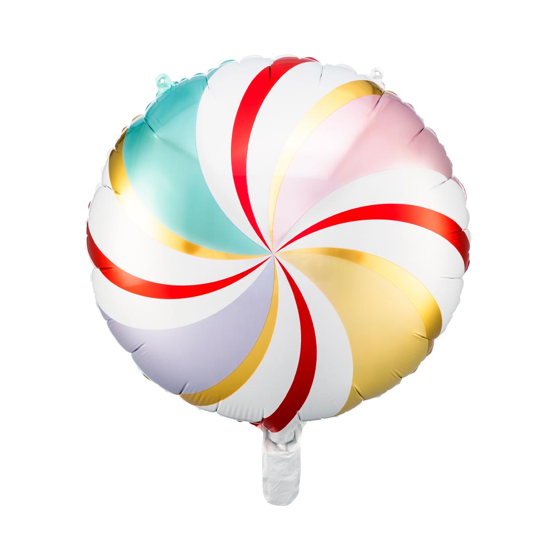 Detalle del globo foil redondo Caramelo con remolino en tonos pastel, rojo y dorado, 35 cm