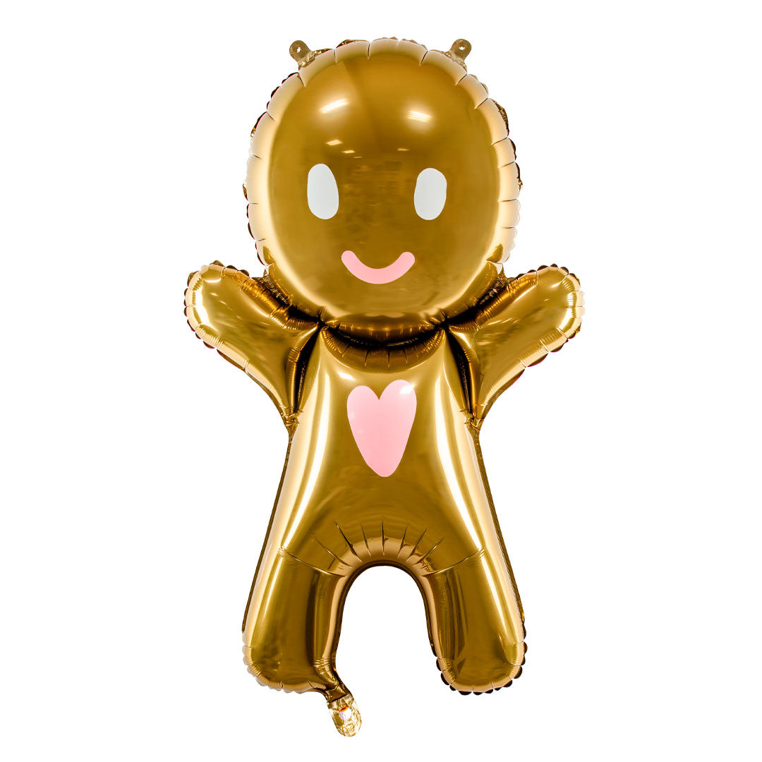 Detalle del globo foil Hombre de Jengibre dorado brillante con carita sonriente, 97 cm