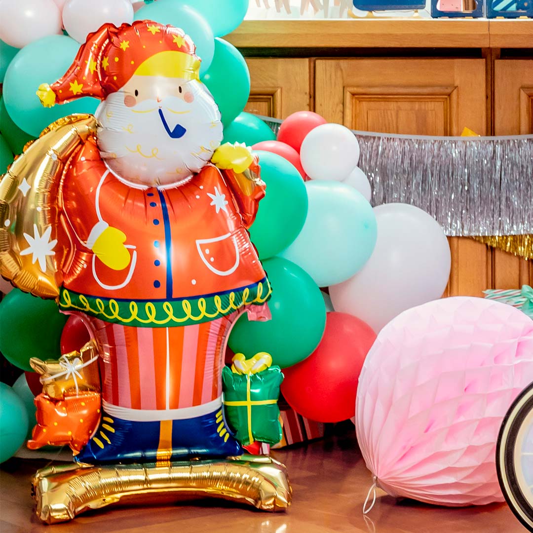 Globo foil Papá Noel de pie con saco de regalos, ilustración tierna, 106 cm