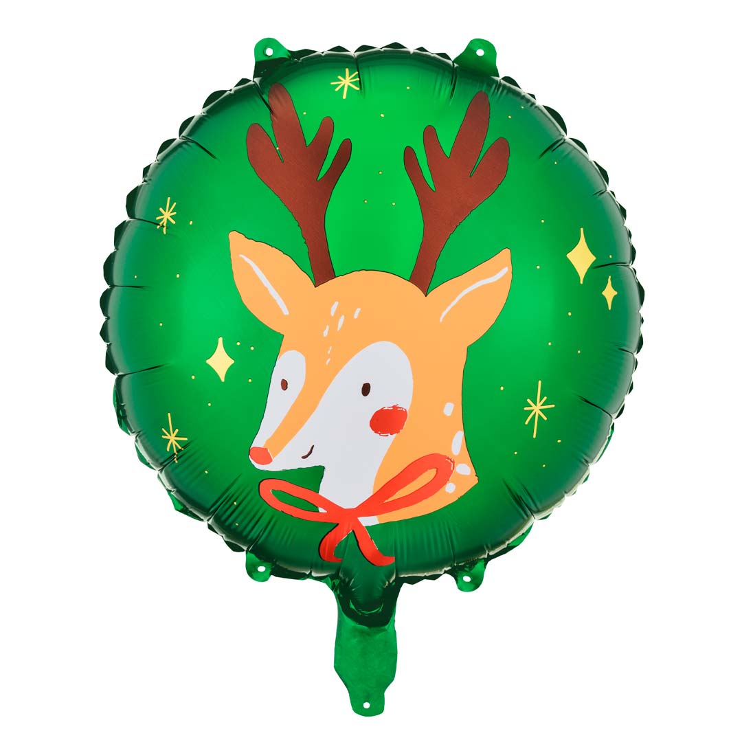 Detalle del globo foil redondo Reno navideño sobre fondo verde con estrellas doradas, 45 cm