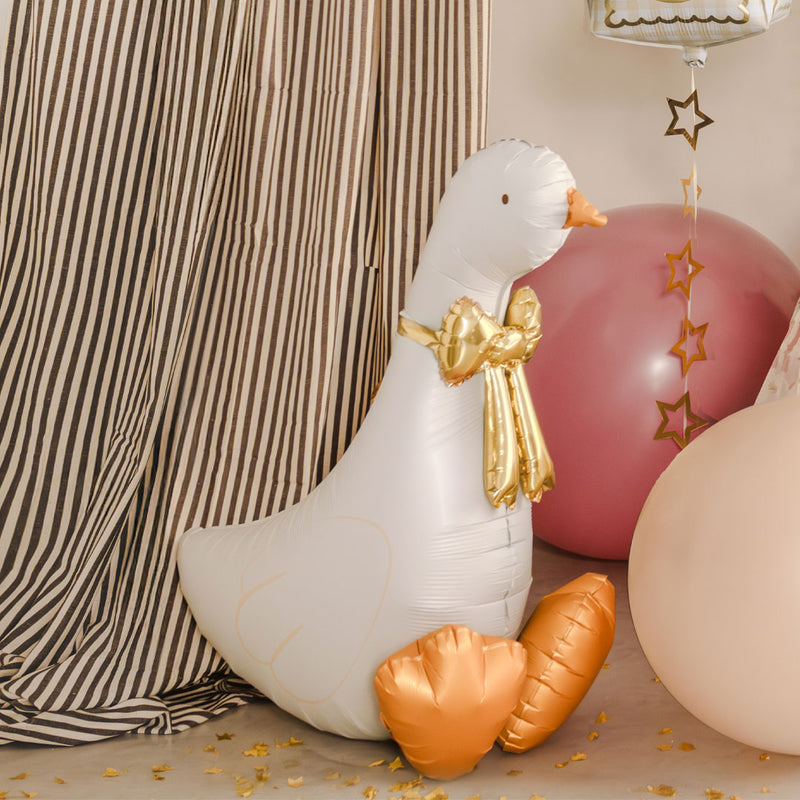 Globo foil XL oca de pie en blanco con lazo dorado para recién nacido y primer cumpleaños 72x91 cm