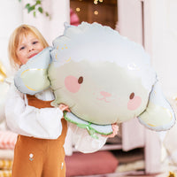 Globo foil con forma de cabeza de oveja en blanco con lana texturizada y lazo verde 67x40 cm