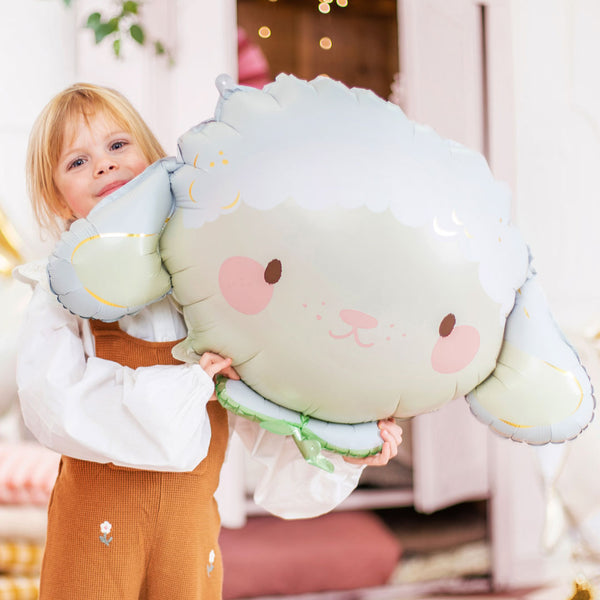 Globo foil con forma de cabeza de oveja en blanco con lana texturizada y lazo verde 67x40 cm