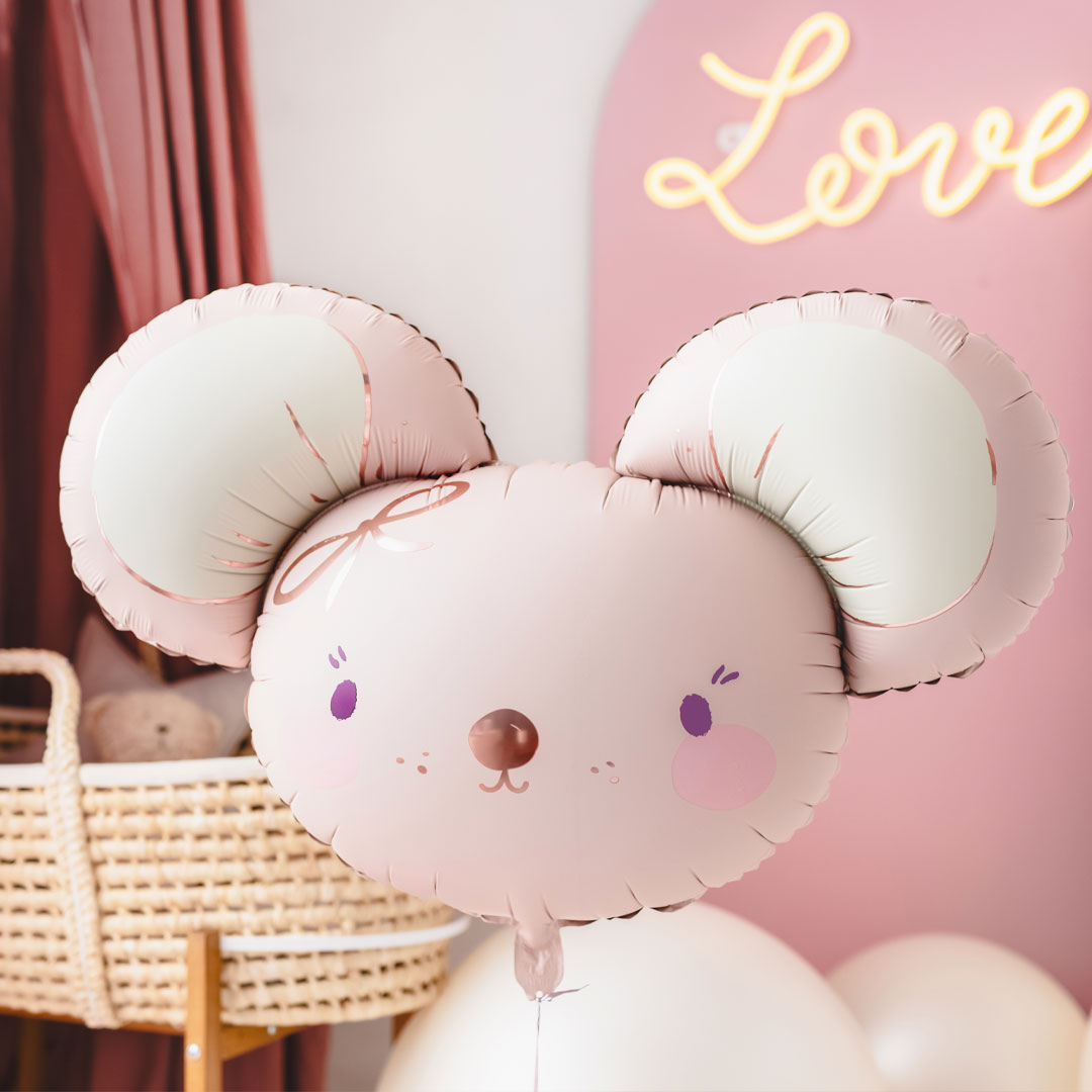 Globo foil con forma de cabeza de ratona en rosa empolvado con lazo y mejillas sonrosadas 75x46 cm